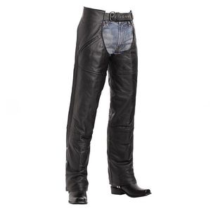 Street & Steel Black Leather Chaps with Zipper, Buttons on Hem Criss Cross Ties